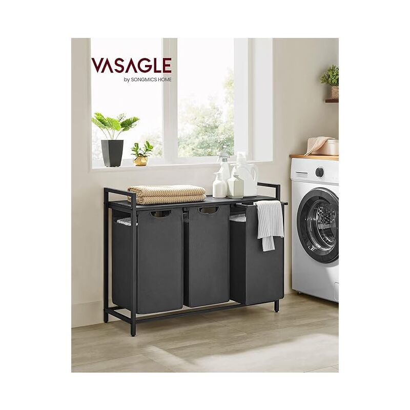 Panier à Linge, Corbeille à Linge Sale, Rangement 3 Compartiments, 3 Sacs Amovibles en Tissu Oxford, Étagère, Cadre en Métal, 3 x 38L, 92,5 x 33 x 72