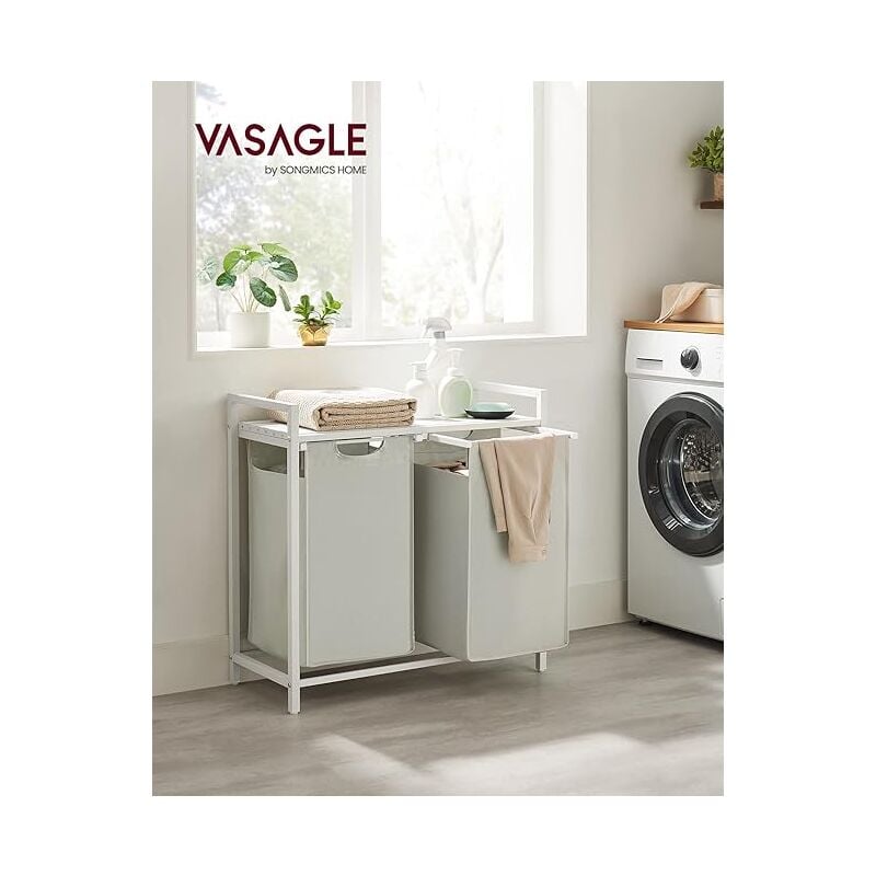 Panier à Linge, Corbeille à Linge Sale, Rangement 2 Compartiments, 2 Sacs Amovibles en Tissu Oxford, Étagère, Cadre en Métal, 2 x 46L, 73 x 33 x 72