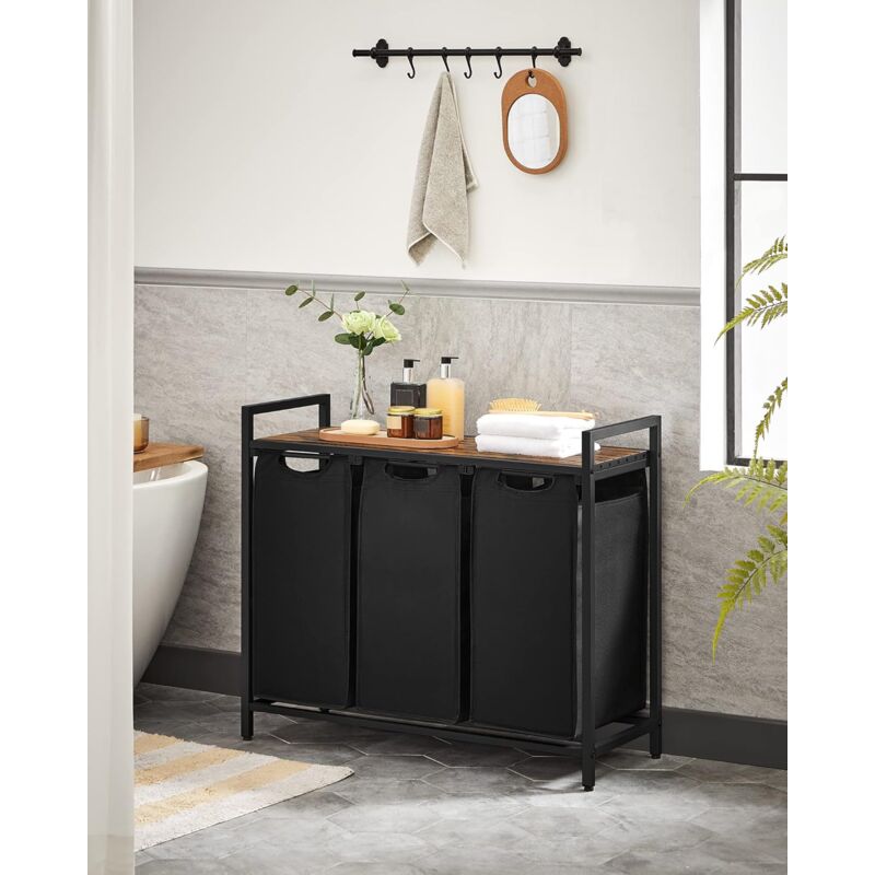 Panier à Linge Sale, Corbeille 3 Compartiment, Bac, avec 1 Étagère de Rangement, Sacs en Amovible, Volume de Chaque Sac 38L, pour Salle de Bain,