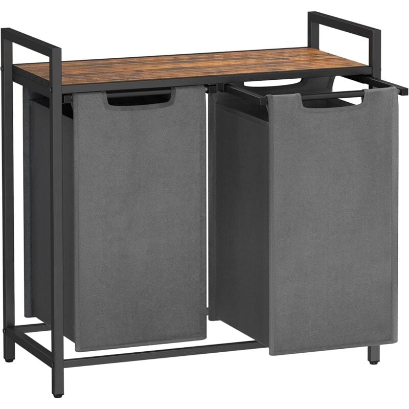 Vasagle Panier à Linge Sale, Corbeille 2 Compartiment, Bac, avec 2 Sacs en Tissu Oxford Amovibles, Cadre en Métal, 2 x 46L, 73 x 33 x 72 cm, Marron