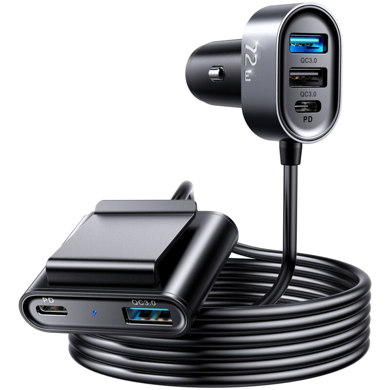 72W Allume Cigare USB C&USB, [5 Ports] PD 3.0&QC 3.0&PPS Super Rapide [1.5M Extension câble ] Chargeur Voiture USB C Compatible avec iPhone 14 Pro