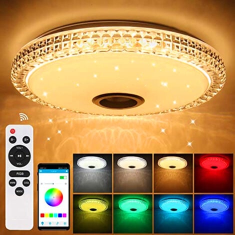 72W LED Crystal Ceiling Light with Bluetooth Speaker, Smart with Remote Control and APP Control, Color Changing, Adjustable for Bedroom Kitchen Bathroom, Room Ø 40cm - RWPlafonnier LED