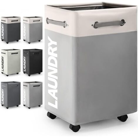 74L Rolling Collapsible Laundry Bin Collapsible Storage Laundry Hamper Laundry Bin Rectangular Laundry Bin Laundry Bag with Breathable Cover(White+Light Gray o2)