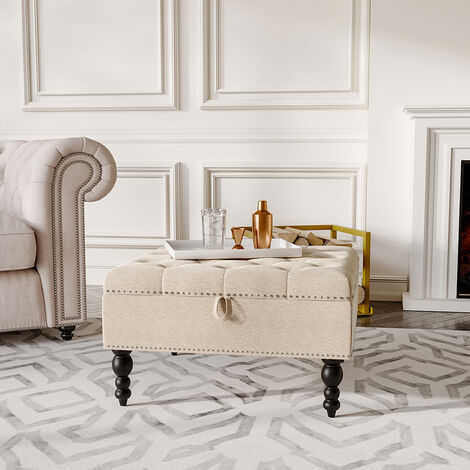 74x77CM Square Tufted Linen Storage Ottoman,Beige