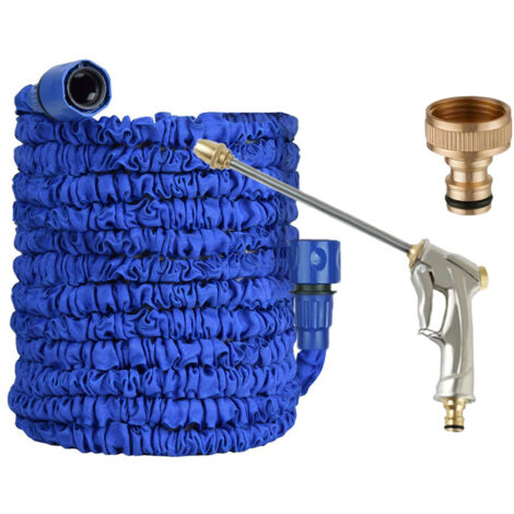7,5 m (25 Fuß) ausziehbarer Gartenschlauch – Silberne Metall-Spritzpistole mit langem Stab, Komplettset (Blau)-lsw