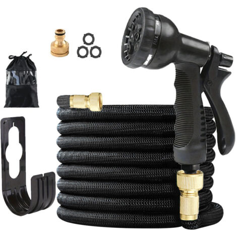 7,5 m (25 Fuß) dehnbarer Gartenschlauch – Komplettes schwarzes Set mit Halterung, Tasche und Spritzpistole-lsw