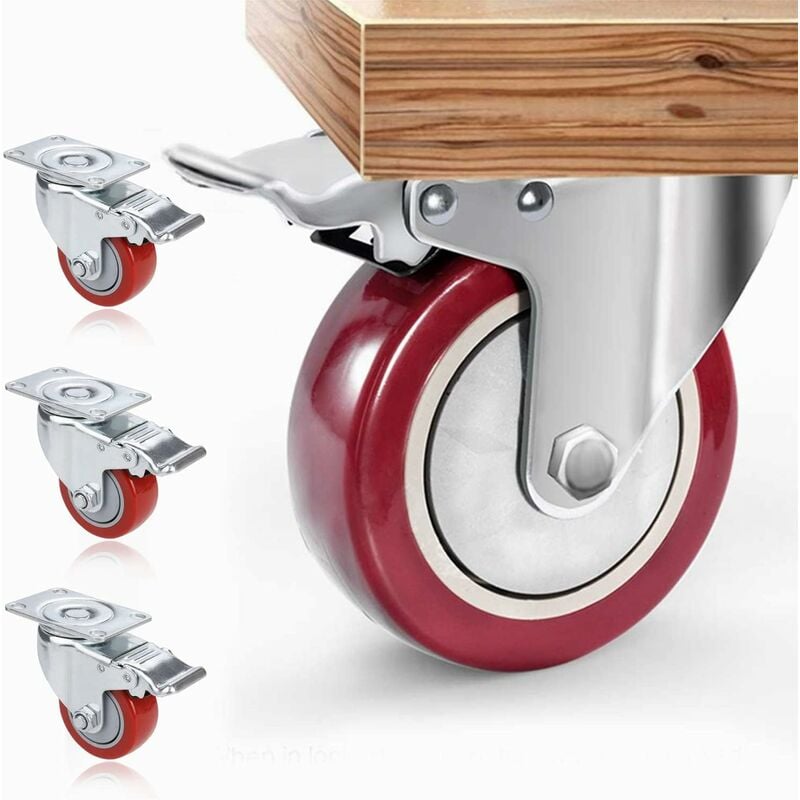 75 mm Set de 4 Roulettes pivotantes avec frein - Roulettes pour meubles jusqu'à 80 kg par roue - Charge lourde - Caoutchouc pour intérieur et
