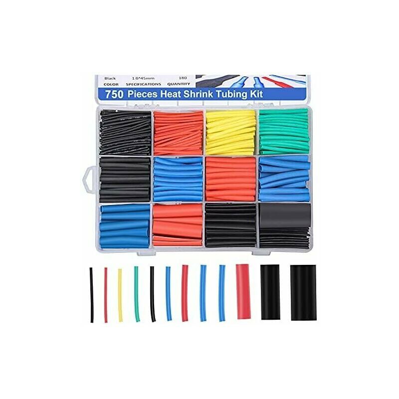 750 Pcs Heat Shrink Tubing, Electrical Insulated Heat Shrinkable Cable Tubing, 2:1 Shrink Ratio, 5 Colors, 12 Sizes