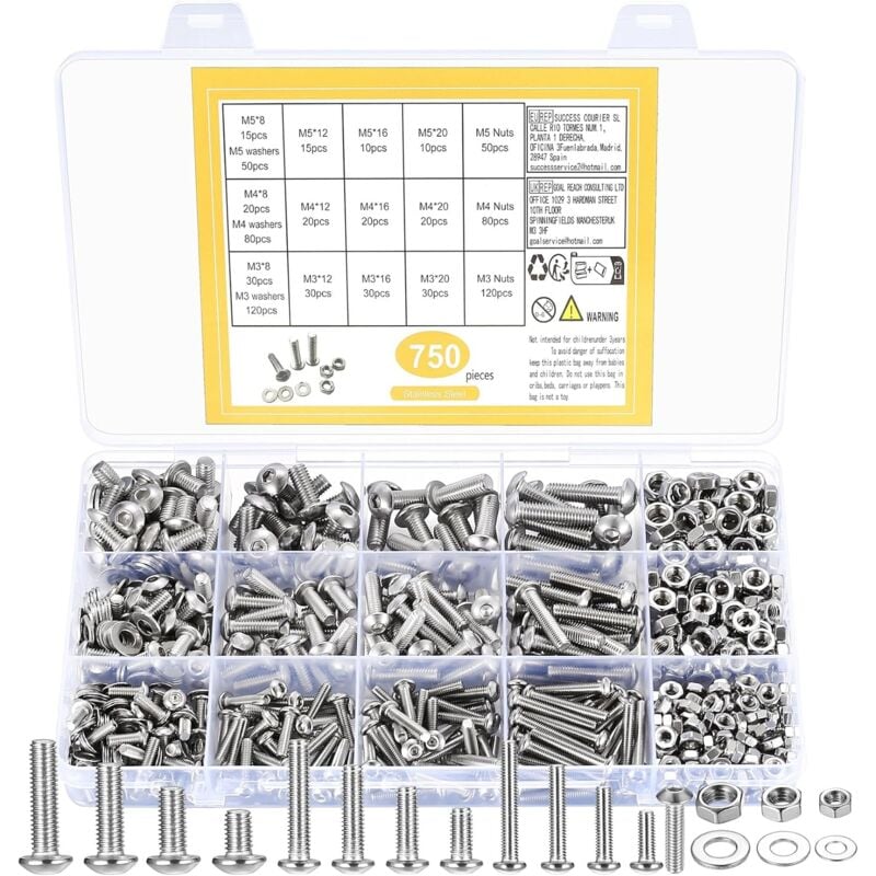 Bluedeer - 750 pièces Vis à tête cylindrique à six pans creux Boulons Kit d'écrous et de rondelles, vis à tête creuse hexagonale M3 M4 M5, boulons