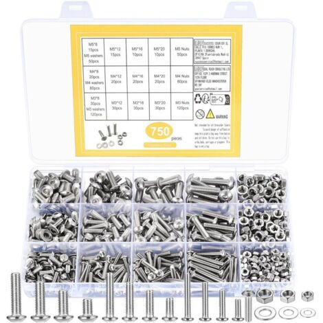 750 pièces Vis à tête cylindrique à six pans creux Boulons Kit d'écrous et de rondelles, vis à tête creuse hexagonale M3 M4 M5, boulons Allen noirs, ensemble d'assortiment de boulons, d'écrous et de r