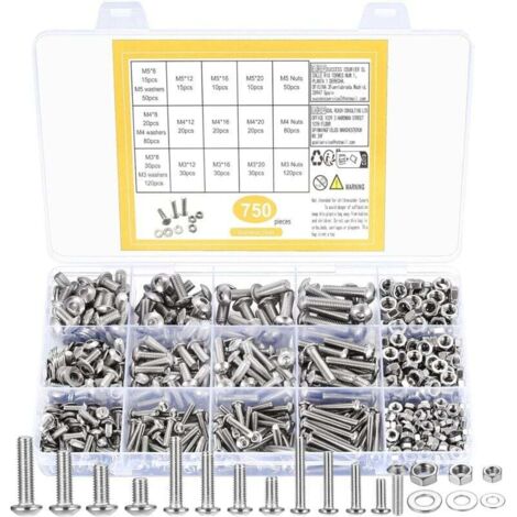 750 pièces Vis à tête cylindrique à six pans creux Boulons Kit d'écrous et de rondelles, vis à tête creuse hexagonale M3 M4 M5, boulons Allen noirs, ensemble d'assortiment de boulons, d'écrous et de r