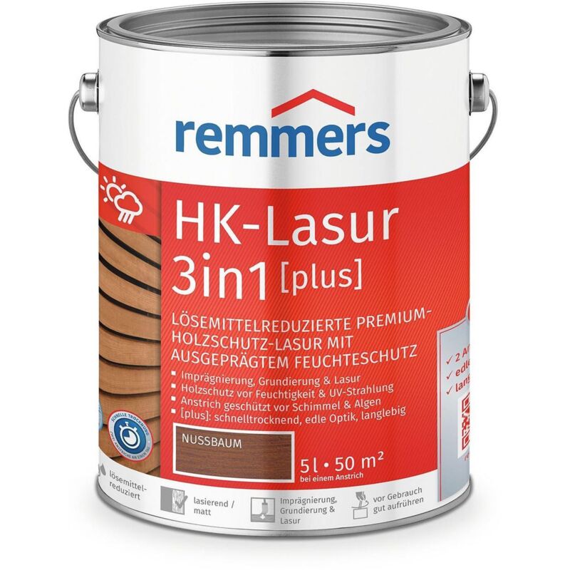 Hk-lasur 3in1 [plus] Nussbaum, Matt, 5 Liter, Holzlasur, Premium Holzlasur Außen, 3fach Holzschutz Mit Imprägnierung + Grundierung + Lasur - Remmers