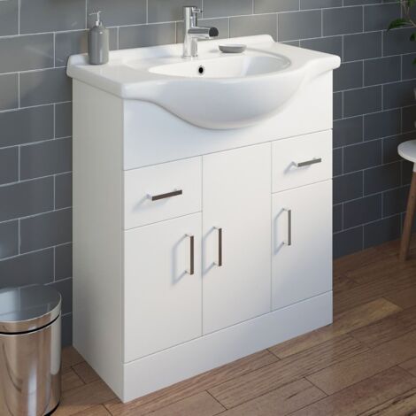 750mm Bathroom Vanity Unit & Basin Floorstanding White Tap Waste