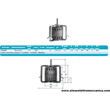 752928 373 W 1380 GIRI Motore Elettrico Monofase Ventilatore Centrifugo Assiale