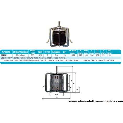 7529L1 735 W 3 Velocità Motore Elettrico Monofase Ventilatore Centrifugo Assiale