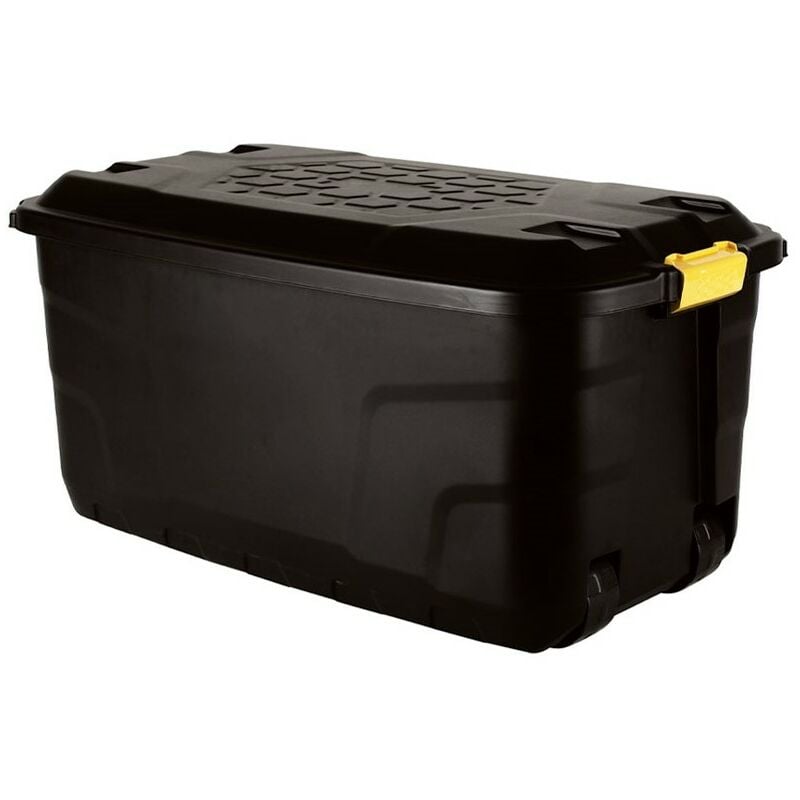 75L Heavy Duty Trunk on Wheels Sturdy, Lockable, Stackable and Nestable Design Storage Chest with Clips in Black