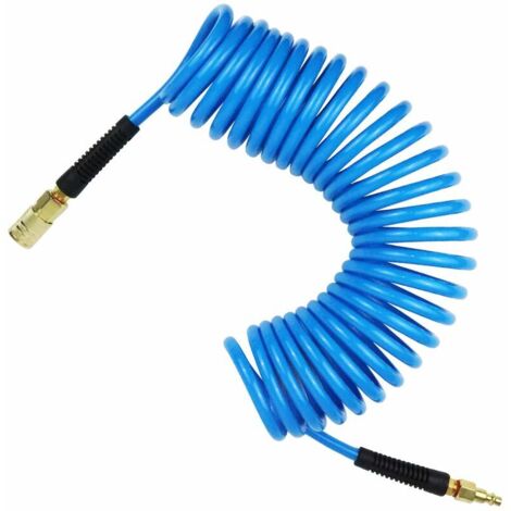 7.5m long PU compressed air hose, 6mm ID x 9.5mm OD, with 1/4" quick-connect fittings, bend limiter, blue