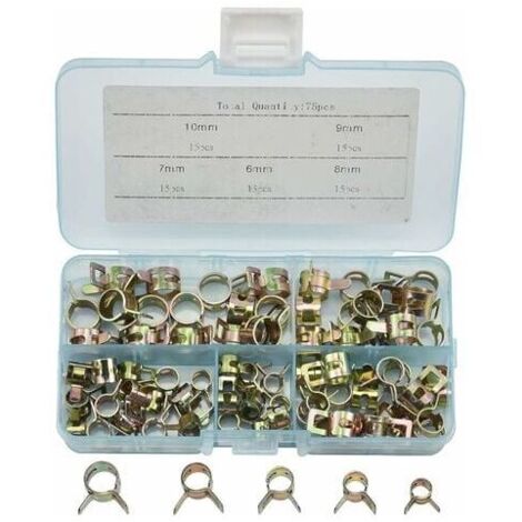 75Pcs Clip à Ressort Tuyau Collier Serrage Durite Essence Serre-joints à Tuyaux Colliers de Clip à Ressort Tuyau Serrage 6mm, 7mm, 8mm, 9mm, 10mm