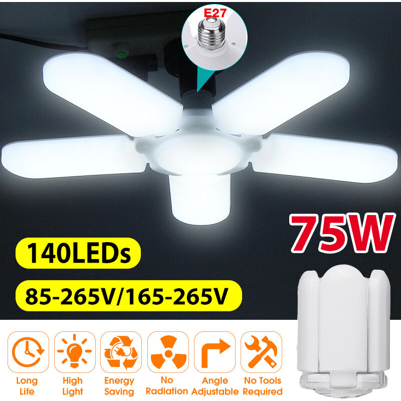 

75W 6500K E27 140 LED 2835smd 165-265V Luz de garaje lámpara de techo deformable lámpara de taller cinco hojas luces blancas frías 75W