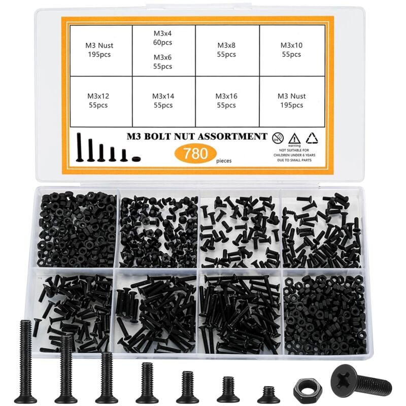 780 Pcs M3 Vis à Tête Fraisée avec Ecrous, Vis à Tête Plate Boulons et Écrous, Assortiment de Boulons Vis à Mécanique à Tête Cruciforme avec Ecrous