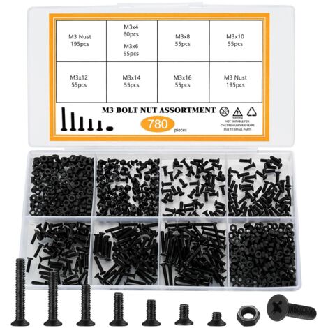 780 Pcs M3 Vis à Tête Fraisée avec Ecrous, Vis à Tête Plate Boulons et Écrous, Assortiment de Boulons Vis à Mécanique à Tête Cruciforme avec Ecrous