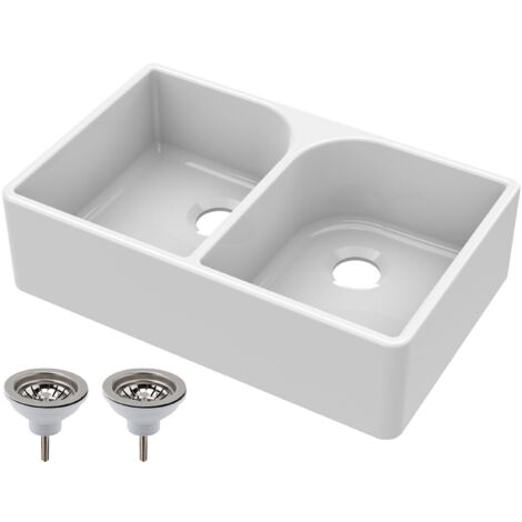 795mm - 2 Bowl Fireclay Butler Kitchen Sink - Full Weir & Wastes
