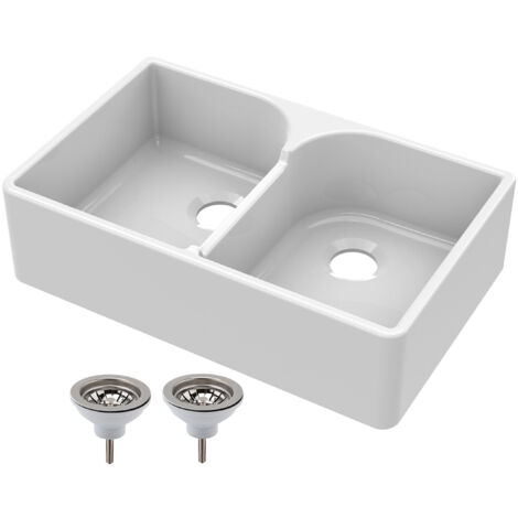 795mm - 2 Bowl Fireclay Butler Kitchen Sink - Stepped Weir & Wastes