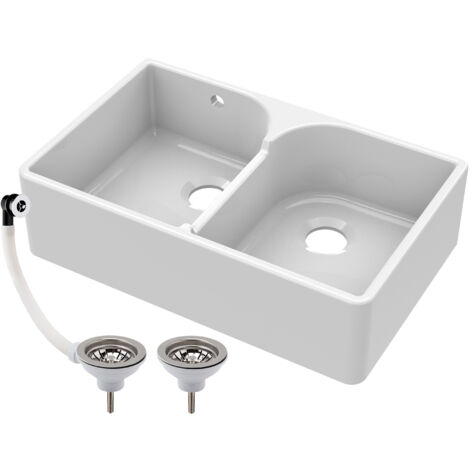 795mmDouble Bowl Fireclay Butler Kitchen Sink - Stepped Weir & Wastes