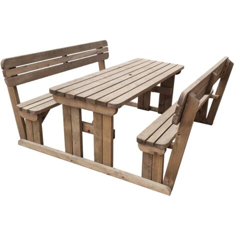 7ft (210cm) Picnic table and bench set with backrest rustic brown finish, Alders rounded corners