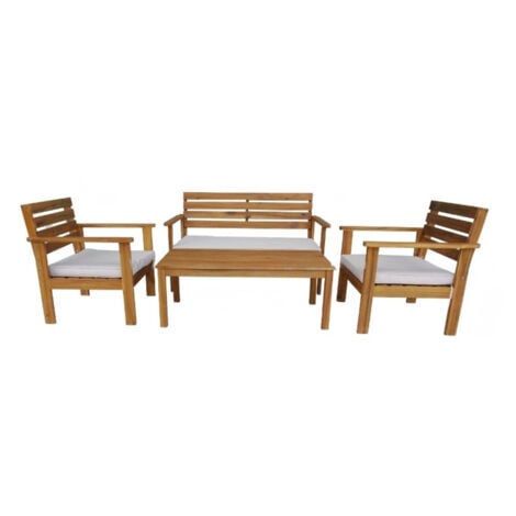 7H SEVEN HOUSE - Conjunto de Jardín Exterior Marlon, Madera de Acacia, Incluye 1 Mesa, 2 Sillones, 1 Sofá Biplaza y Cojines, Para 4 Personas, Diseño Mediterráneo, Protección UV, Madera/Blanco