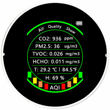 7in1 Compteur multifonctionnel de qualité de l'air PM2.5 CO2 TVOC HCHO AQI Testeur de température et d'humidité Détecteur de dioxyde de carbone à affichage couleur portable avec fonction de seuil d'al