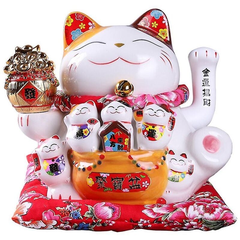 Fei Yu - Chat porte-bonheur en céramique de 7 pouces, ornement Maneki Neko, décoration Feng Shui, chat porte-bonheur, a