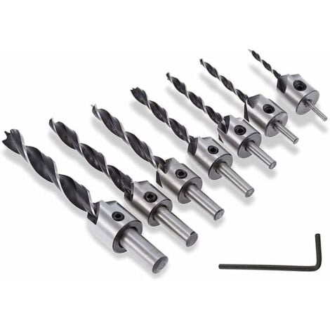 7pcs 5 Flûte Countersink Mèche Foret Fraise à Bois Bits Conique Alésoir Foret de Menuiserie Pour Chanfreinage du Bois 3-10mm