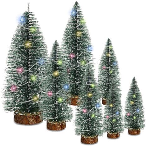 7PCS Christmas Decorations Mini Sisal Christmas Trees Pine Trees Ornaments with Lamp and Wooden Base for Christmas Party Home Decoration
