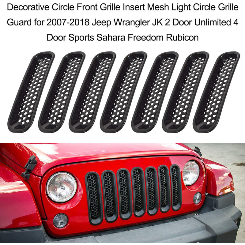 

7PCS Circulo decorativo Insercion de rejilla delantera Malla de luz Circulo Protector de rejilla para Jeep Wrangler JK 2007-2018 2 Puertas Ilimitadas