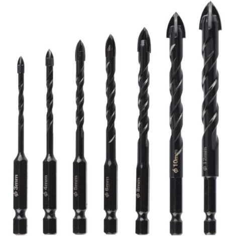 7pcs Forets À Béton, Mèches Noir Avec 4 Taillants Dur, Outil De Forage De Trou Multifonction Pour Pierre Carrelage Mur De Brique Verre Bois Maçonnerie Céramique Granit (3/4/5/6/8/10/12 Mm)