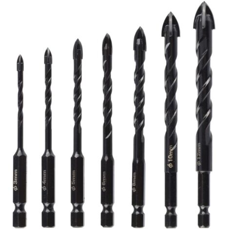7pcs Forets À Béton, Mèches Noir Avec 4 Taillants Dur, Outil De Forage De Trou Multifonction Pour Pierre Carrelage Mur De Brique Verre Bois Maçonnerie Céramique Granit (3/4/5/6/8/10/12 Mm)