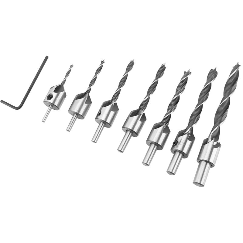 7pcs Fraise à chanfreiner en acier à 5 cannelures pour le travail du bois 3mm-10mm avec clé hexagonale