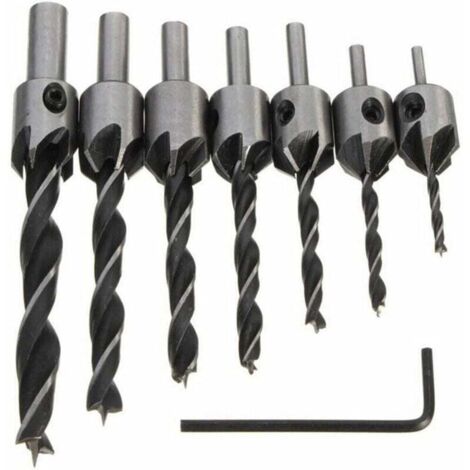 7pcs HSS 5 Fraise Foret Mèche Perceuse Bois Chanfrein 3-10mm Clé, gris argenté