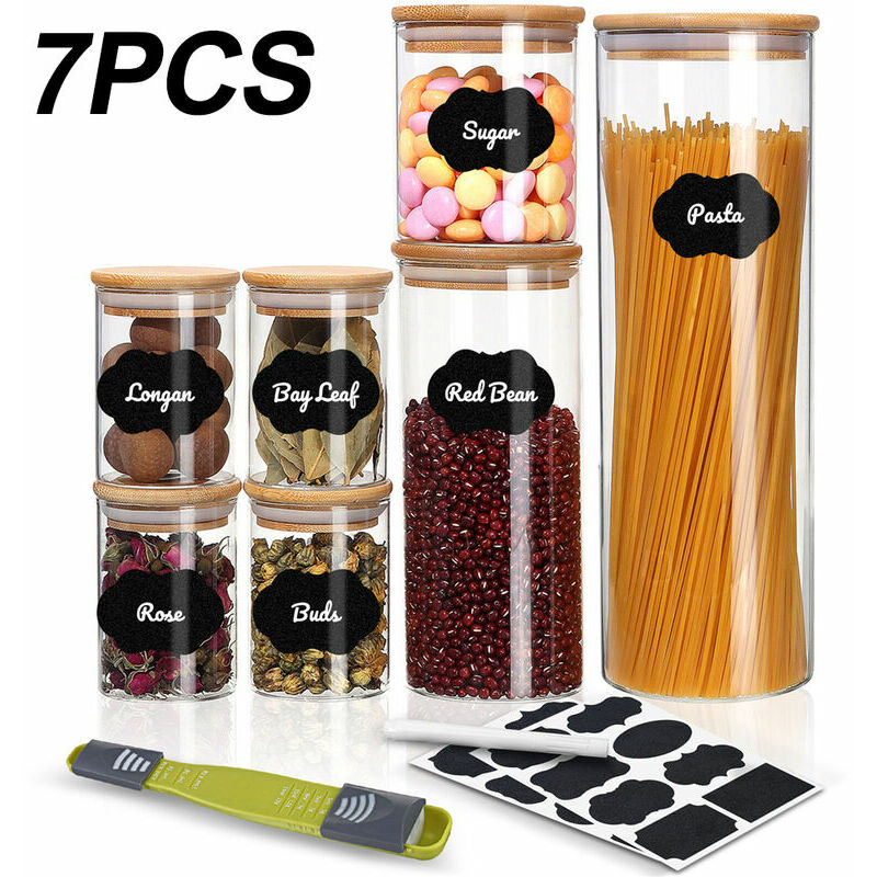 7PCS pots de récipient en verre de cuisine épices stockage scellé de céréales avec/couvercle en bois