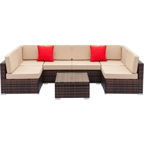 7PCS Set Fully Equipped Garden Weaving Rattan Sofa Set with 2pcs Middle Sofas & 4pcs Single Sofas & 1 pc Coffee Table Brown Gradient
