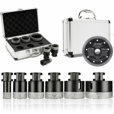 7tlg Fliesenbohrer M14 x 10mm Diamant Bohrkrone 20-68mm + 125mm Trennscheibe Für Winkelschleifer Lochsäge Set Fliesen Granit Feinsteinzeug Keramik Mauerwerk Nass- / Trockenbohrkrone Fliesenbohrkrone