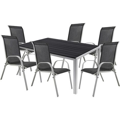 7tlg Gartenmöbel Set Alu Non-Wood 180x90cm + 6 Stapelstuhl-M726898+6xMMC330886-silber