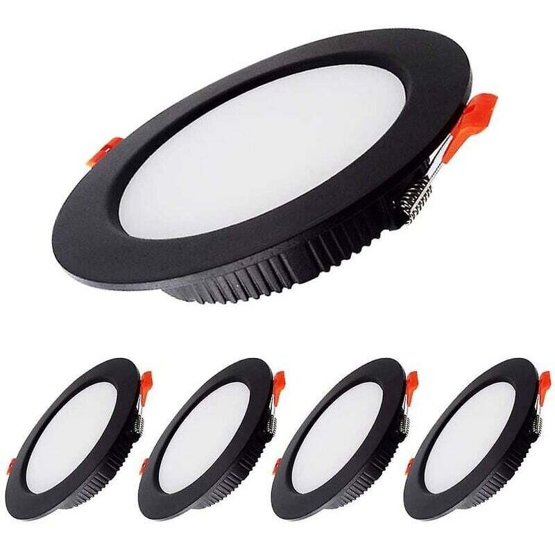 Ersandy - 7W Spot Led Encastrable Dimmable Noir Extra Plat 230V 5 Pack,700LM = 70W incandescence, IP44,Blanc Froid 6000K, Découpe 80-90mm,Rond