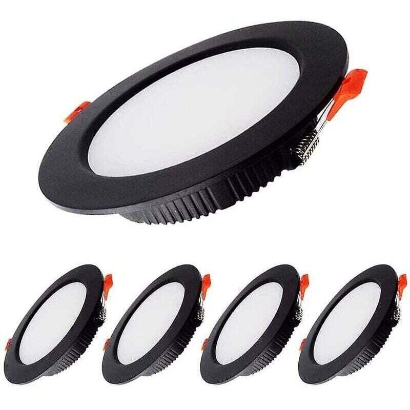 7W Spot Led Encastrable Dimmable Noir Extra Plat 230V 5 Pack,700LM = 70W incandescence, IP44,Blanc Froid 6000K, Découpe 80-90mm,Rond plafond encastré