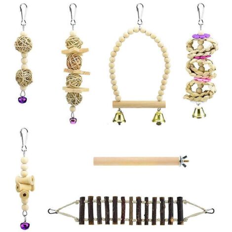 7x Hamac en bois pour oiseaux, support en bois, échelle, jouets pour cage pour petits animaux de compagnie, perruches calopsittes