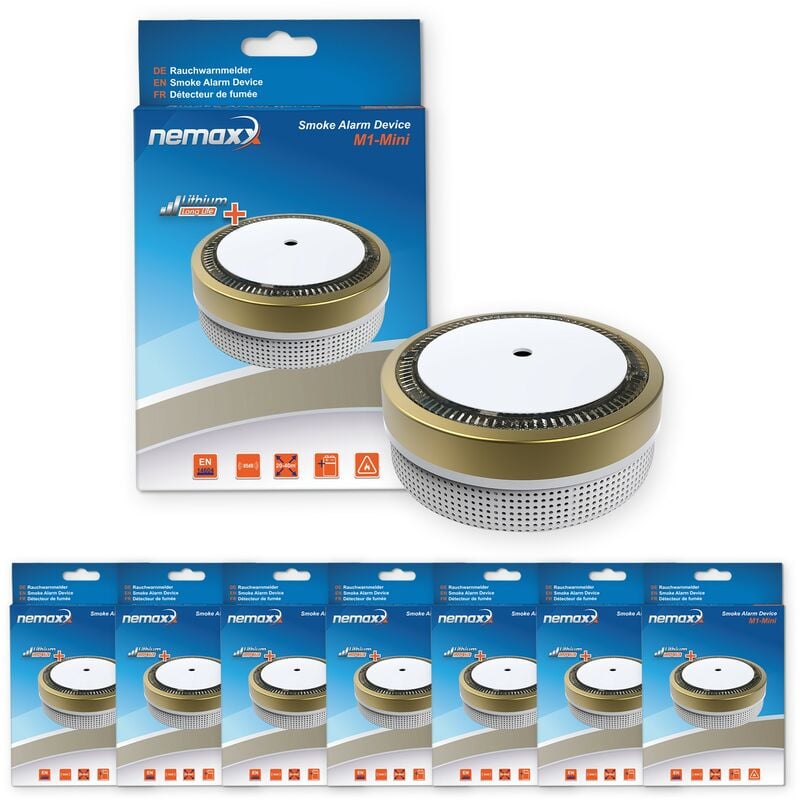 

7x Nemaxx Detector de humo M1-Mini sensibilidad fotoeléctrica - con batería de litio tipo DC3V - conforme la norma DIN EN14604 & Vds - dorado