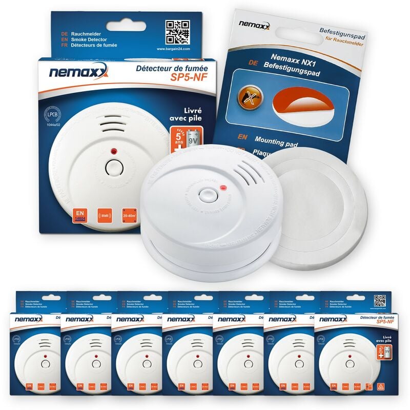 

7x Nemaxx SP5-NF Detector de humo de alta calidad con pila incluida de 9V - Blanco + NX1 Pad de fijación