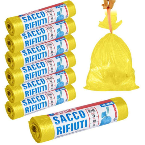 7x Rotoli Sacchetti Buste Spacetura 40lt 55x65cm Chiusura Laccetto Gialletto 105pz