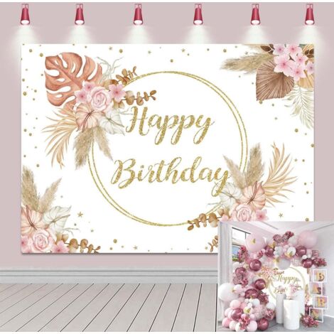 7x5FT Bohemian Happy Birthday Hintergrund für Mädchen - Rosa Pampasgrün